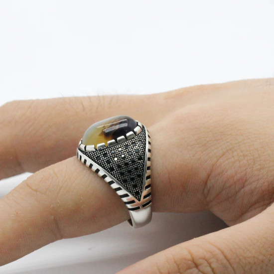 Anillo de piedra Natural auténtica para hombre, de Plata de Ley 925 pura con piedra de ágata, engranaje de plata tailandesa, piedra CZ, joyería de fiesta turca - malaquita tienda 36