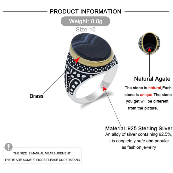 Anillo de Plata de Ley 925 con piedra de ágata negra Natural, joyería de fiesta de boda, Estilo Vintage, Plata tailandesa - malaquita tienda 36