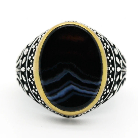 Anillo de Plata de Ley 925 con piedra de ágata negra Natural, joyería de fiesta de boda, Estilo Vintage, Plata tailandesa - malaquita tienda 36
