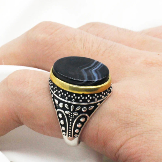 Anillo de Plata de Ley 925 con piedra de ágata negra Natural, joyería de fiesta de boda, Estilo Vintage, Plata tailandesa - malaquita tienda 36