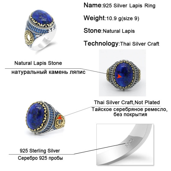 Anillo de Plata de Ley 925 con piedra lapislázuli Natural para hombre, sortija de energía de la suerte, joyería turca hecha a mano, regalo exquisito - malaquita tienda 36